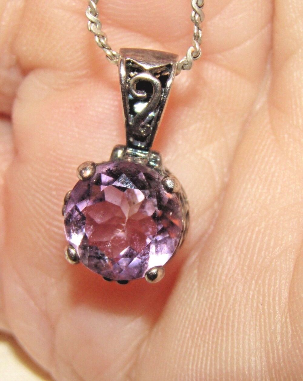 Estate Vintage ~1.5 TCW Round Purple Natural Amethyst in Silver Scroll Pendant
